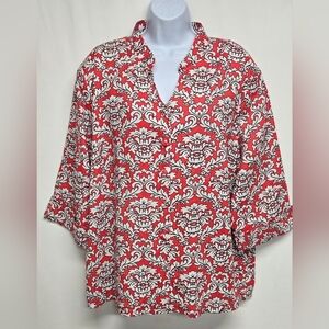 Tweeds 2X Button Down Top 3/4 Cuffed Sleeve 100% Linen Red White Paisley
